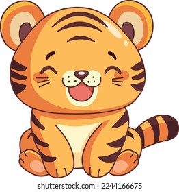 Happy baby tiger sitting in a kawaii style