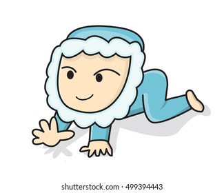 Happy baby trying to walk in cartoon style