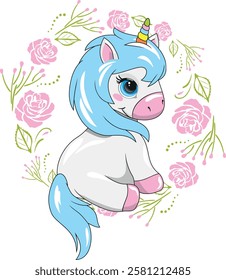 Happy baby unicorn in floral wreath with pink roses. Vector