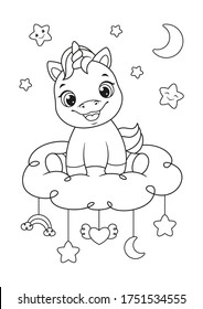 Happy baby unicorn sitting on cloud coloring page. Black and white cartoon illustration