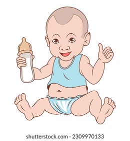 Happy baby. Vector illustration of a cute little baby boy drink milk from bottle