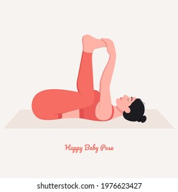 Happy Baby Yoga pose. Young woman practicing yoga  exercise. Woman workout fitness, aerobic and exercises. Vector Illustration.