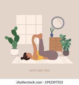 Happy baby Yoga pose. Young woman practicing yoga  exercise. Woman workout fitness, aerobic and exercises. Vector Illustration.