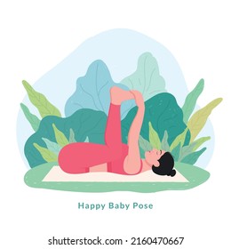 Happy Baby Yoga Pose. Young Woman Woman Doing Yoga For Yoga Day Celebration.