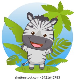 Happy baby zebra standing in the leaves with paws open for hugs. Zebra in kawaii style. Kawaii style. Vector illustration of drawings, prints and patterns. Isolated on white background