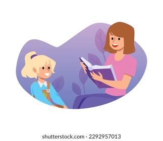 Happy babysitter reads book to little girl, flat vector illustration isolated on white background. Nanny reads fairy tales to child. Young mother taking care of her daughter.