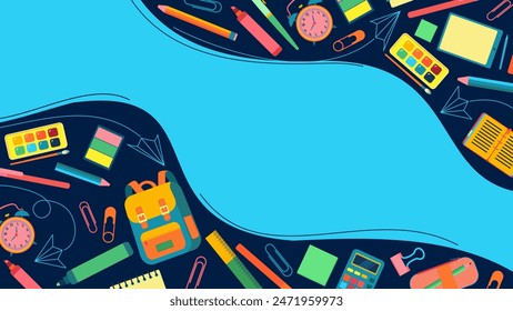 Happy Back to School Hintergrund Illustration bestehend aus Rucksack, Stifte, Bleistifte und Notizbücher 