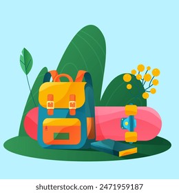 happy back to school gradient illustration featuring a backpack, a skateboard, and a book