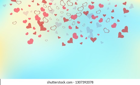 Happy background. The idea of wallpaper design, textiles, packaging, printing, holiday invitation for birthday. Red hearts of confetti are falling. Red on Gradient background Vector.