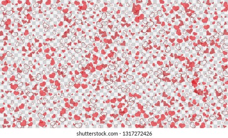 Happy background. The idea of wallpaper design, textiles, packaging, printing, holiday invitation for Valentine's Day. Red hearts of confetti crumbled. Red on Transparent fond Vector.