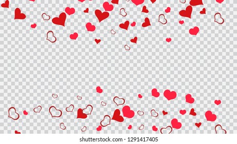 Happy background. Red hearts of confetti are flying. Design element for wallpaper, textiles, packaging, printing, holiday invitation for birthday. Red on Transparent fond Vector.