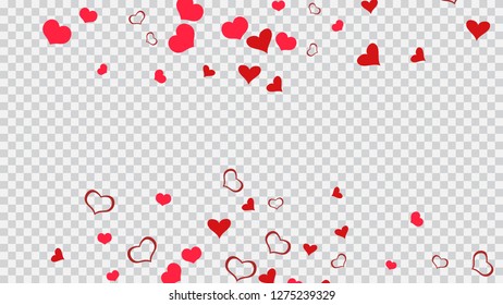 Happy background. Red on Transparent background Vector. Part of the design of wallpaper, textiles, packaging, printing, holiday invitation for Valentine's Day. Red hearts of confetti are falling.