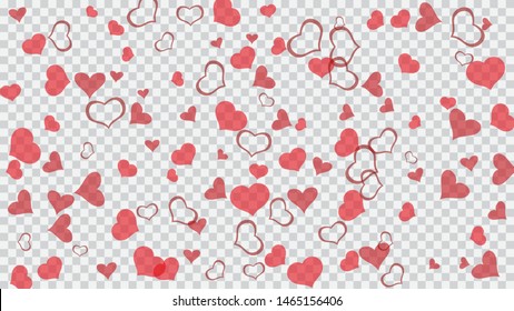 Happy background. Red on Transparent fond Vector. Red hearts of confetti are falling. Part of the design of wallpaper, textiles, packaging, printing, holiday invitation for Valentine's Day.