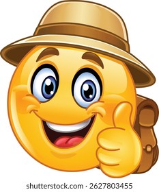 Happy backpacker emoji emoticon giving a thumb up, wearing a safari hat and carrying a small travel backpack