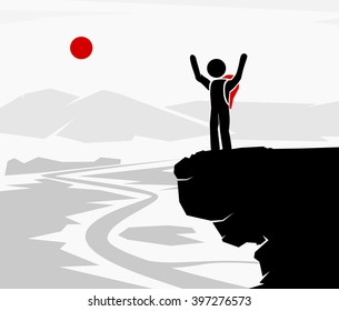 Happy backpacker on cliff