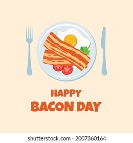 Happy Bacon Day vector. Bacon and egg on a plate top view icon vector. Important day