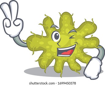 Happy bacterium cartoon design concept with two fingers