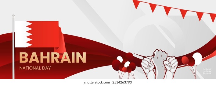 Alles Gute zum Nationalfeiertag von Bahrain. Moderne abstrakte Formen mit Typografie und Faust, um Nationalfeiertage in Bahrain Flaggenfarben zu feiern. Geeignet für Poster, Banner, Grußkarten und vieles mehr