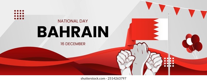 Happy Bahrain National Day. Modern abstract shapes with typography and fist to celebrate national holidays in Bahrain flag colors. Suitable for posters, banners, greeting cards, and much more