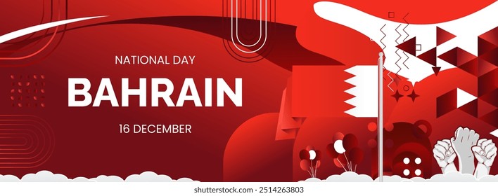 Happy Bahrain National Day. Modern abstract shapes with typography and fist to celebrate national holidays in Bahrain flag colors. Suitable for posters, banners, greeting cards, and much more
