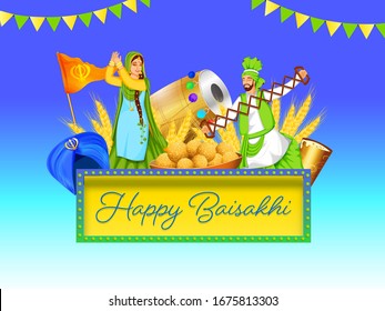 Happy Baisakhi Calligraphy in Rectangle Frame with Festival Elements, Punjabi Young Woman Dancing and Man holding Sapp on Blue Background.