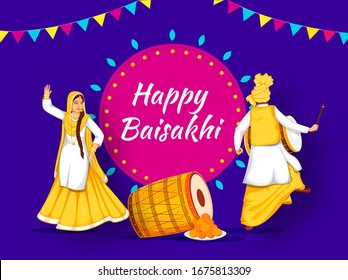 Happy Baisakhi Celebration Background with Punjabi Man Playing Dhol, Young Woman Dancing and Indian Sweet (Laddu).