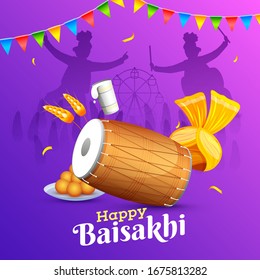 Happy Baisakhi Celebration Background With Silhouette Punjabi Men Dancing, Dhol, Turban, Wheat Ear, Indian Sweet (Laddu) And Glass Of Lassi Illustration.