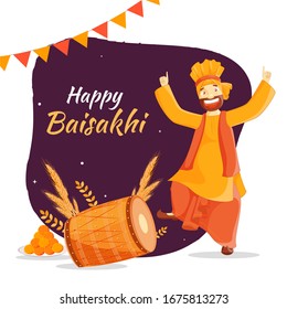 Happy Baisakhi Celebration Concept with Punjabi Man doing Bhagra Dance, Dhol, Wheat Ear and Indian Sweet (Laddu) on Burgundy and White Background.