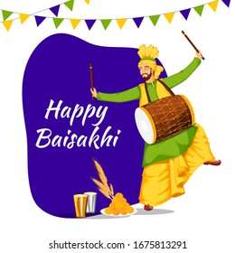 Happy Baisakhi Celebration Concept with Punjabi Man Playing Dhol in Bhangra Dance, Wheat Ear, Indian Sweet (Laddu) and Glass of Lassi on Purple and White Background.