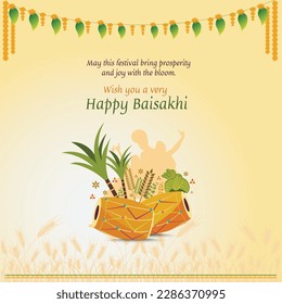 Happy Baisakhi Day, Indian Festival Celebration und Wunschtext auf gelbem floralem Hintergrund, Happy Baisakhi Social Media Design Post