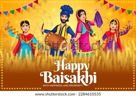 Happy Baisakhi. Baisakhi festival background banner template and typography. Group of people doing the Bhangra dance. Punjabi dancing characters on the occasion of festivals like Lohri and Baisakhi.