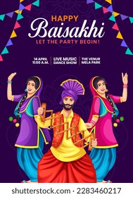 Happy Baisakhi. Baisakhi festival background and typography. Illustration of Punjab New Year. Invitation card, poster, banner, social media, promotional advertising.