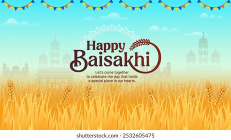 
Happy Baisakhi Festival in Punjab – Baisakhi celebration with a scenic backdrop of lush Punjabi farmlands, perfect for festival and event use- Vector design