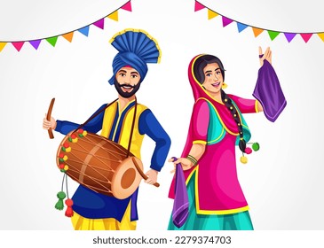 Happy Baisakhi festival in Punjab, India. Punjabi Sikh harvest festival. A Giddha dancer and a Bhangra Dancer with a dhol representing folk dance.