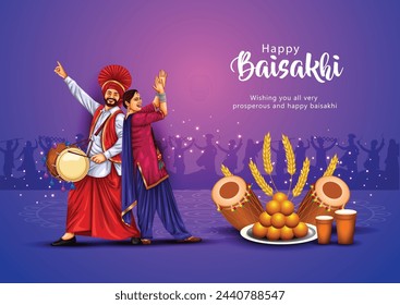 Happy Baisakhi festival of Punjab India background.  people playing lohri dance. abstract vector illustration design.	