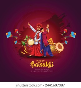 Happy Baisakhi festival of Punjab India background.  people playing lohri dance. abstract vector illustration design.	