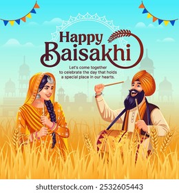 Happy Baisakhi Festival in Punjab, India – A joyful Sikh couple celebrating Baisakhi amidst a vibrant Punjabi cultural backdrop Vector illustration.