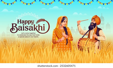 Feliz Festival Baisakhi en Punjab, India – Una alegre pareja sij celebrando el Baisakhi en medio de una vibrante Ilustración vectorial cultural punyabí.