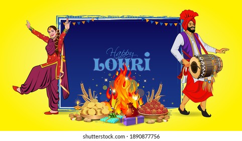 Happy Baisakhi Festival. Vector illustration of Happy Lohri Festival celebration, Punjabi couples doing bhangra dance and happy Lohri typography