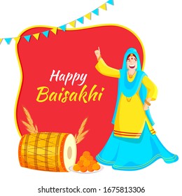 Happy Baisakhi Font with Punjabi Woman Dancing, Dhol, Wheat Ear and Indian Sweet (Laddu) on Red and White Background.