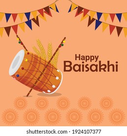 Happy Baisakhi greeting card with drum and food