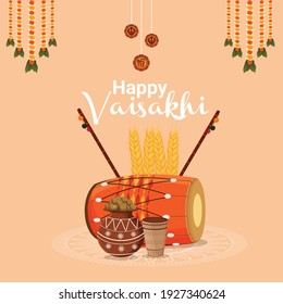 Happy Baisakhi greeting card with drum and food