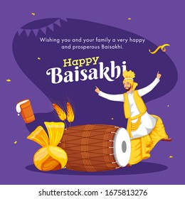 Happy Baisakhi Greeting Card with Punjabi Man doing Bhangra Dance, Turban, Dhol, Wheat Ear and Glass of Lassi on Purple Background.