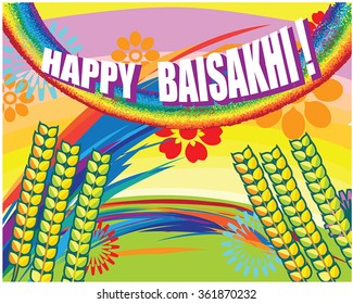 Happy Baisakhi greeting card - vector illustration with paddy field, bright color splash, flower and greeting text. Eps 8. For indian harvest festival of the Punjab region,and Punjabi new year.