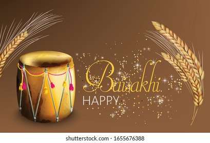 Happy baisakhi greeting card with wheat spice and festival ornated drums