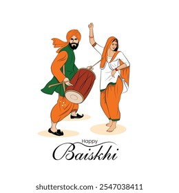 Happy Baisakhi hand drawing illustration, Vector drawing of couple dance, A festival of Punjabi yield cutting.