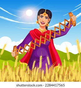 Happy Baisakhi holiday background illustration for Punjabi festival celebration. A Bhangra dancer performing with the Bhangra Scissor Saap. Wearing ethnic Punjabi cloth.