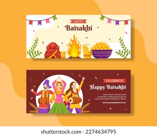 Happy Baisakhi Horizontal Banner Flat Cartoon Hand Drawn Templates Background Illustration