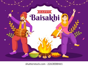 Happy Baisakhi Illustration with Vaisakhi Punjabi Spring Harvest Festival of Sikh celebration in Flat Cartoon Hand Drawn for Landing Page Templates