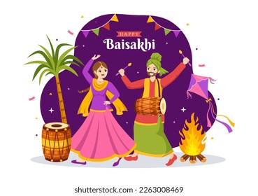 Happy Baisakhi Illustration with Vaisakhi Punjabi Spring Harvest Festival of Sikh celebration in Flat Cartoon Hand Drawn for Landing Page Templates